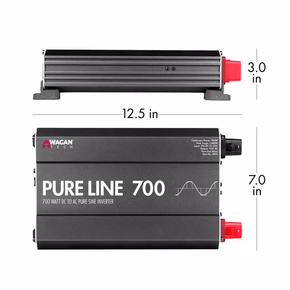Wagan Tech Pure Line 700W Pure Sine Wave Inverter, 1400W Surge, 12V DC to 120V AC, ETL Certified