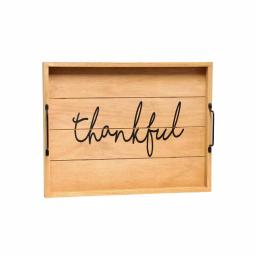 Elegant Designs Natural Wood Decorative Serving Tray with Black Metal Handles - Thankful Farmhouse Style thumbnail 2