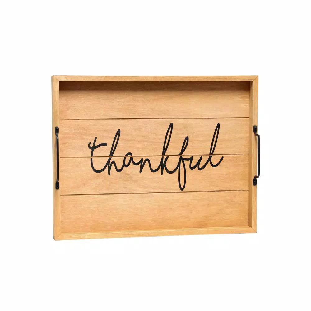 Elegant Designs Natural Wood Decorative Serving Tray with Black Metal Handles - Thankful Farmhouse Style