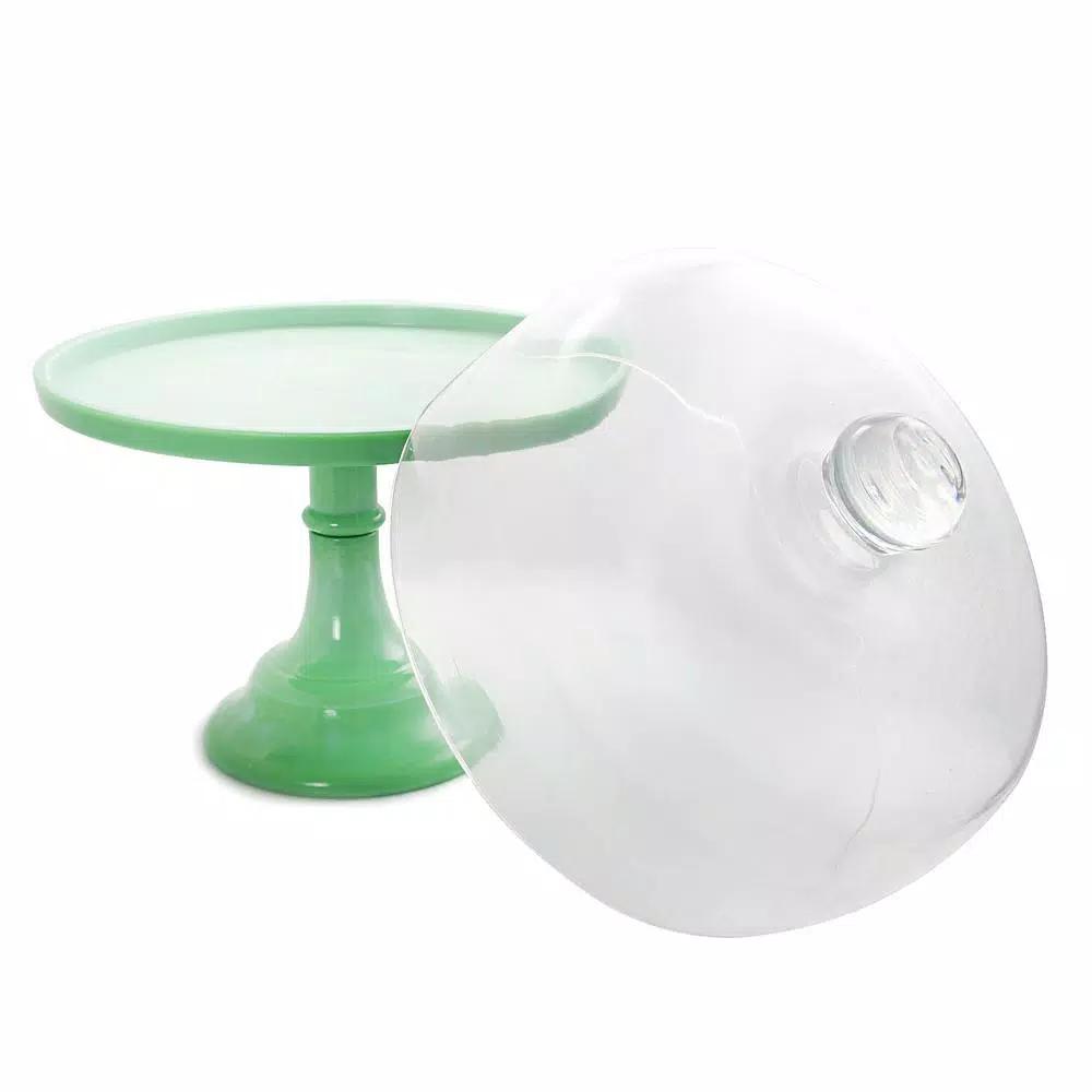 Gibson Cake Stand with Glass Lid, Light Green Round Dessert Platter