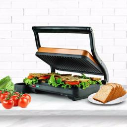 Ovente 1000W Copper Electric Panini Press Grill, 2-Slice Sandwich Maker with Drip Tray thumbnail 7