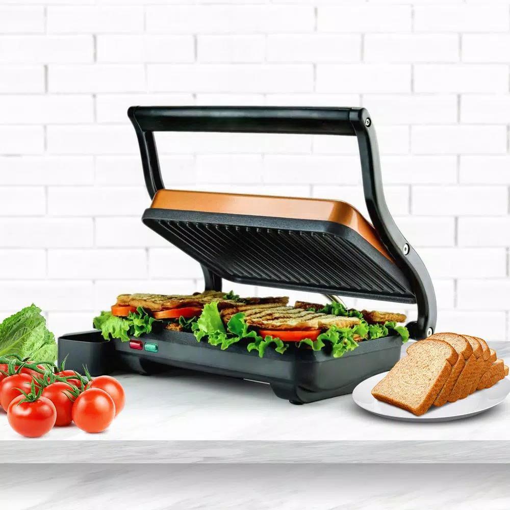 Ovente 1000W Copper Electric Panini Press Grill, 2-Slice Sandwich Maker with Drip Tray