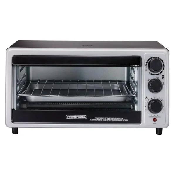 Proctor Silex 1500-Watt 6-Slice Silver Toaster Oven with Toast, Bake, and Broil Settings