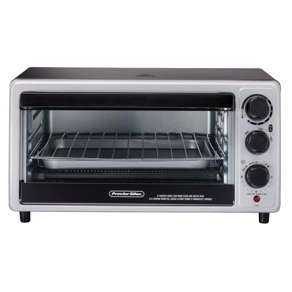 Proctor Silex 1500-Watt 6-Slice Silver Toaster Oven with Toast, Bake, and Broil Settings