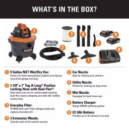 RIDGID 9 Gal. Cordless Wet/Dry Shop Vacuum Kit with (2) 18V OCTANE 3.0 Ah Lithium-Ion Batteries and Charger thumbnail 2