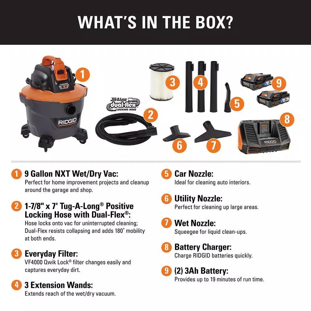RIDGID 9 Gal. Cordless Wet/Dry Shop Vacuum Kit with (2) 18V OCTANE 3.0 Ah Lithium-Ion Batteries and Charger