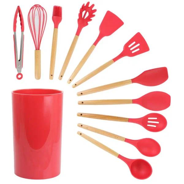 MegaChef 12-Piece Red Silicone and Wood Kitchen Utensil Set