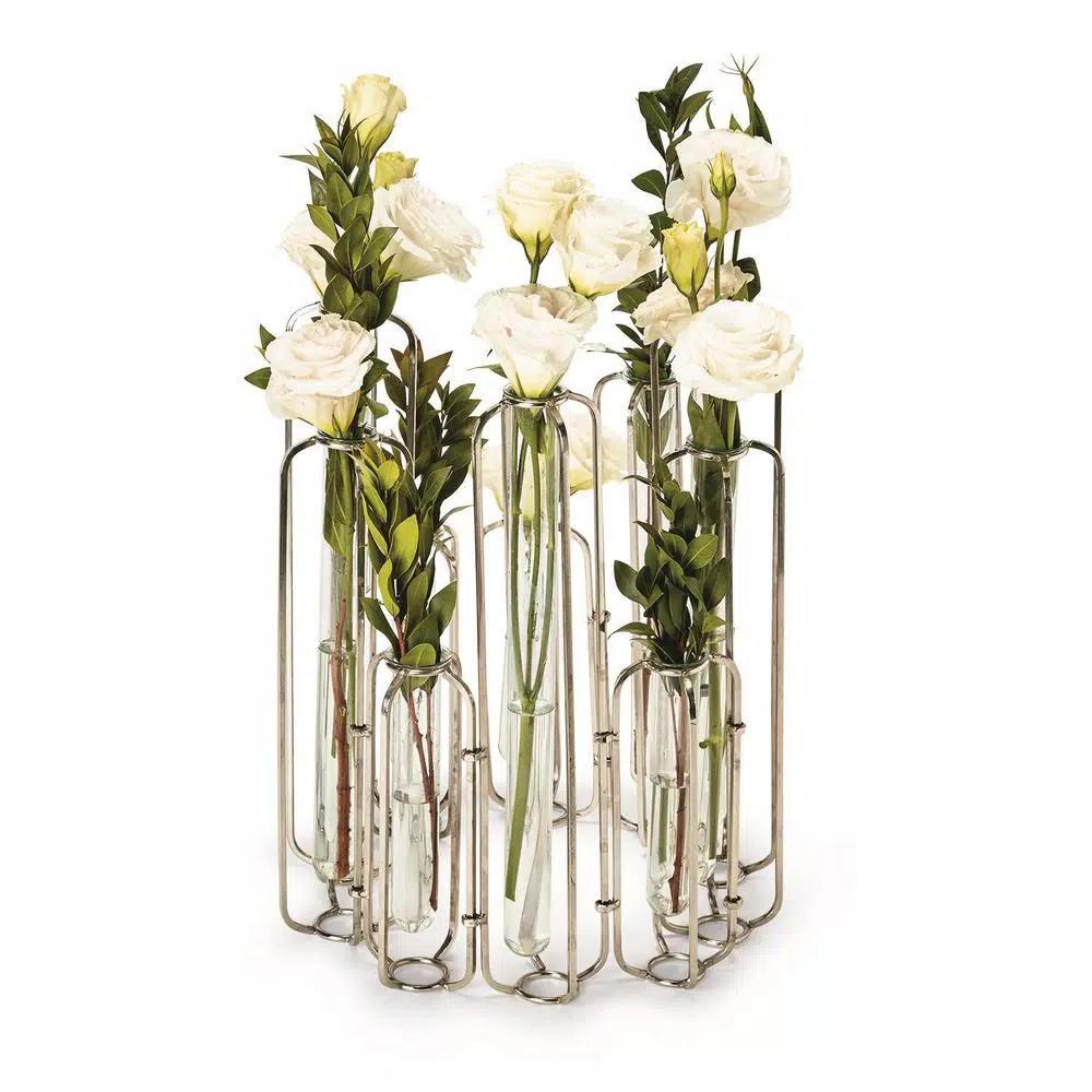 Two's Company Lavoisier Gold Stainless Steel and Glass Hinged Flower Vases, Set of 10