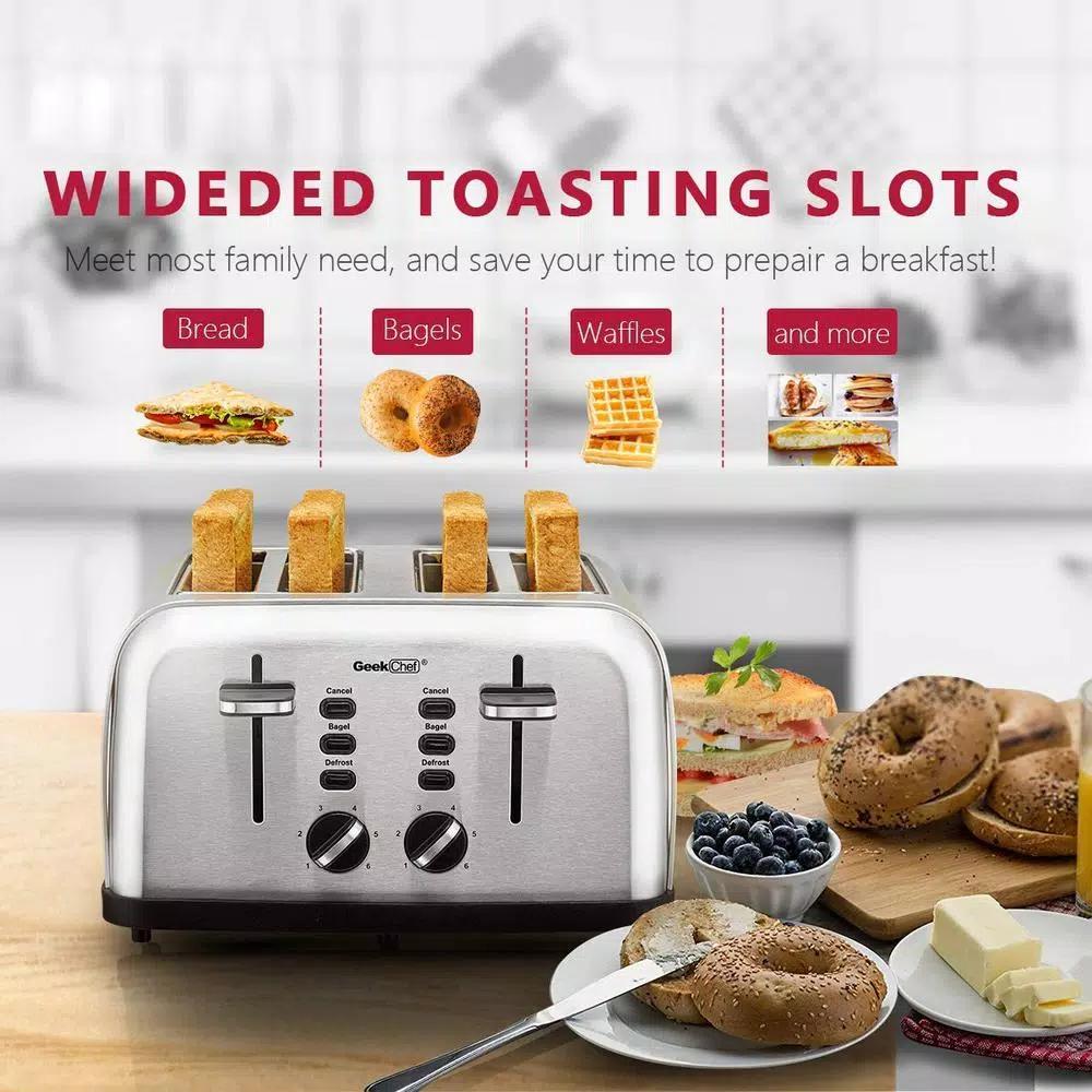 Boyel Living 1500W 4-Slice Wide Slot Toaster with Dual Independent Control Panels, Silver