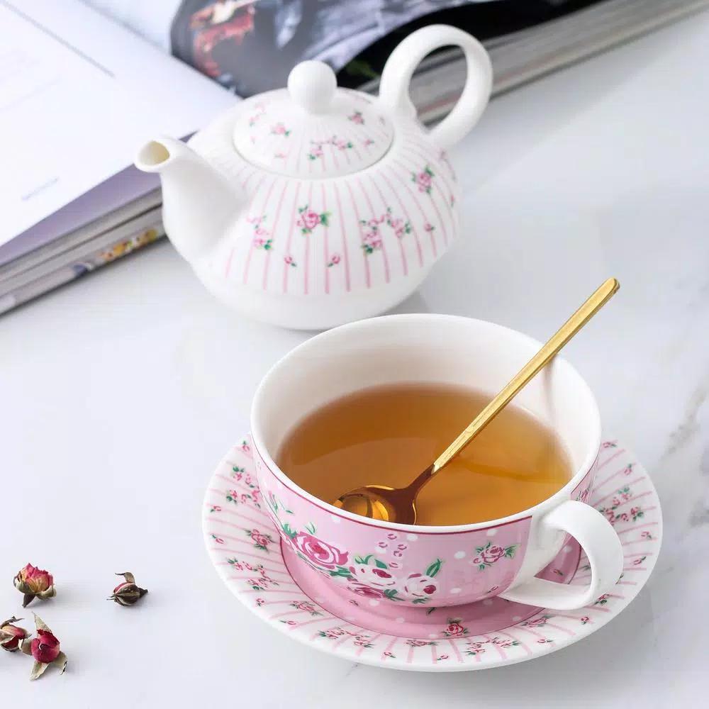 MALACASA Elegant Porcelain Tea Set for One - 3 Piece Teapot, Teacup and Saucer Set, White with Pattern