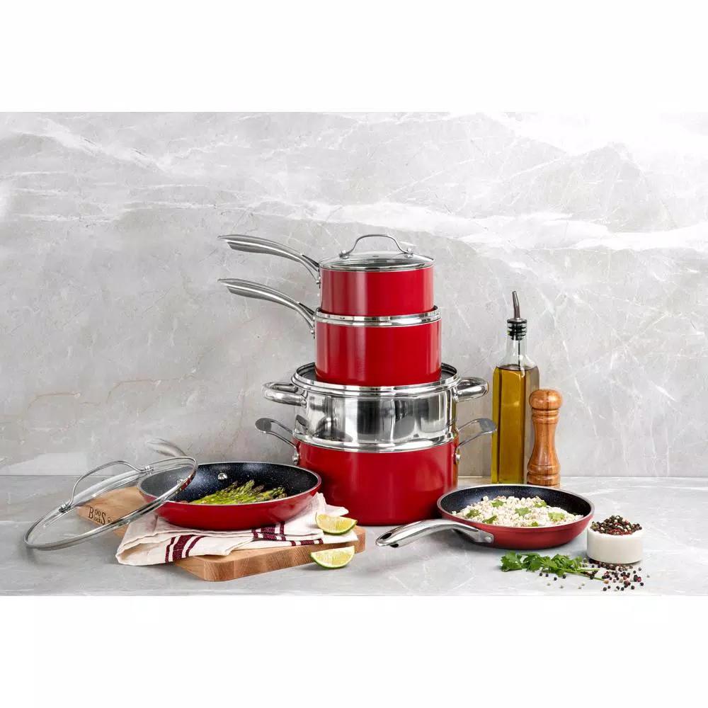 Granitestone Diamond 10-Piece Red Non-Stick Aluminum Cookware Set with Glass Lids