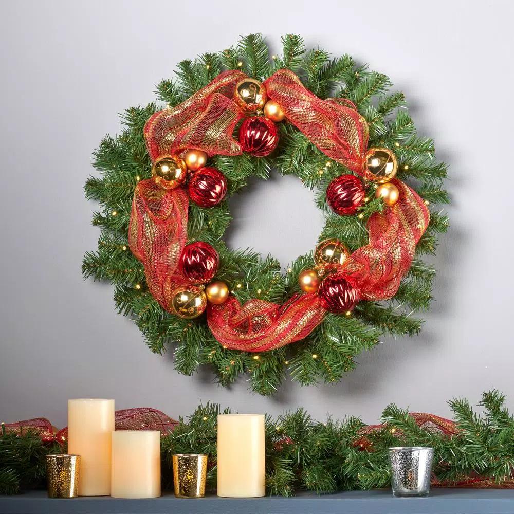 Noble House 24 in. Pre-Lit Noble Fir Artificial Christmas Wreath with Red and Gold Ornaments