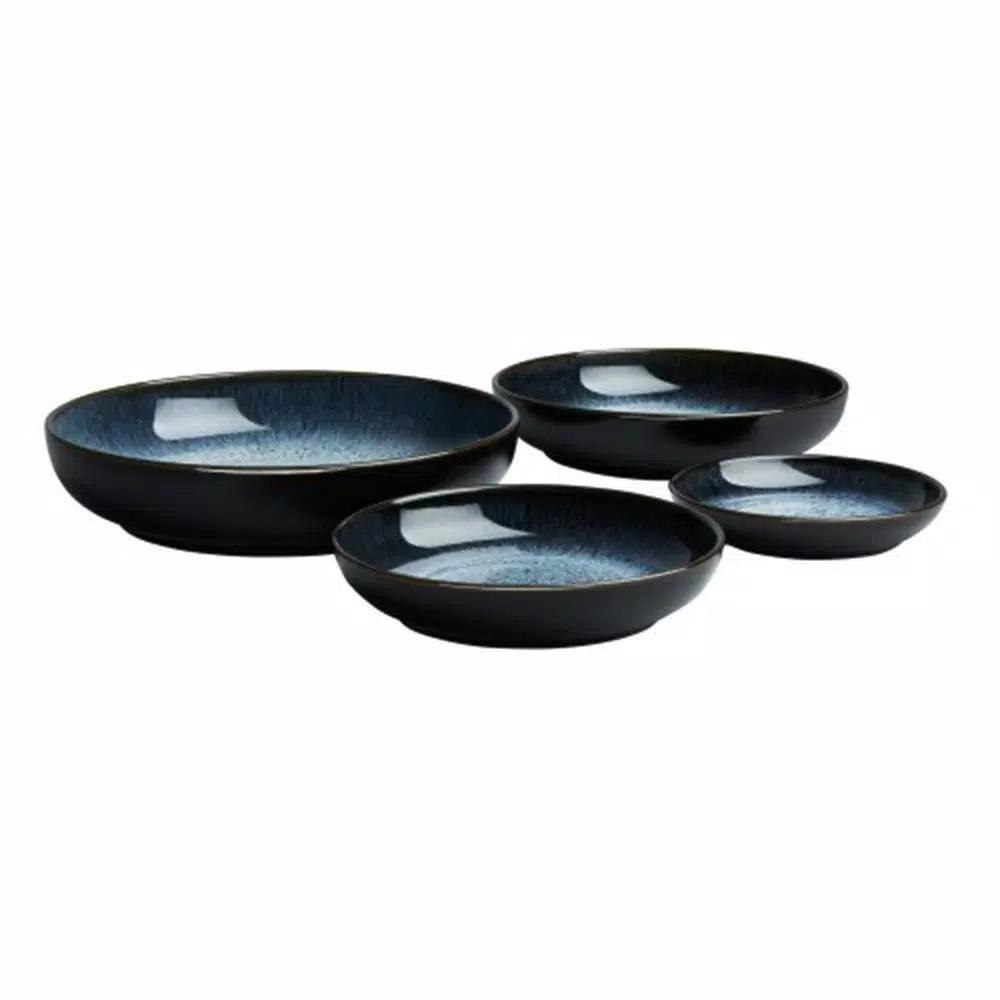 Denby Halo 4-Piece Nesting Ceramic Stoneware Serving Bowl Set, Blue/Black