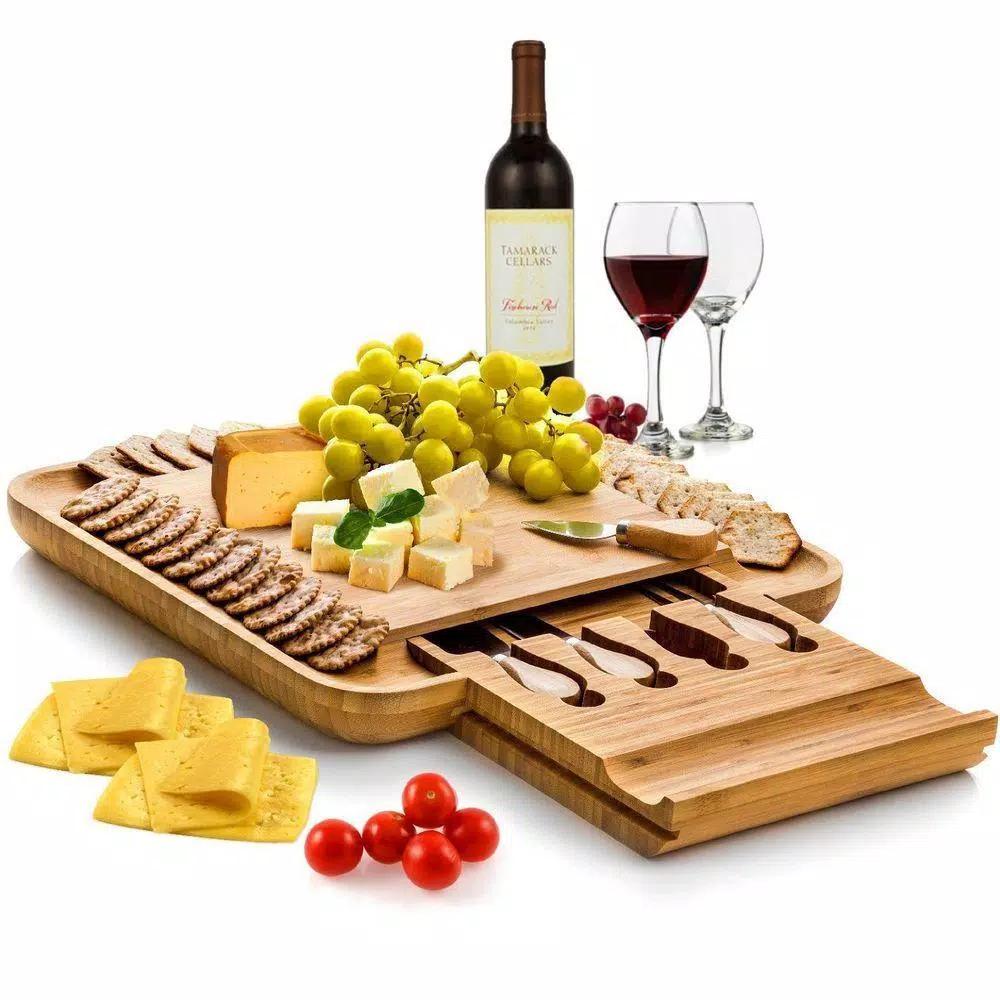 Bambusi Bambsi 100% Natural Bamboo Cheese Board & Cutlery Set with Slide-Out Drawer