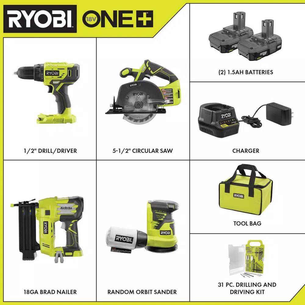 RYOBI 18V ONE+ Cordless 4-Tool Combo Kit with 31-Piece Bit Set, 2 1.5 Ah Batteries, Charger and Bag
