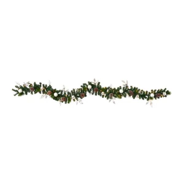Nearly Natural 9 ft. Pre-lit Artificial Christmas Garland with Ornaments and Pinecones, 50 Clear LED Lights, Battery Operated