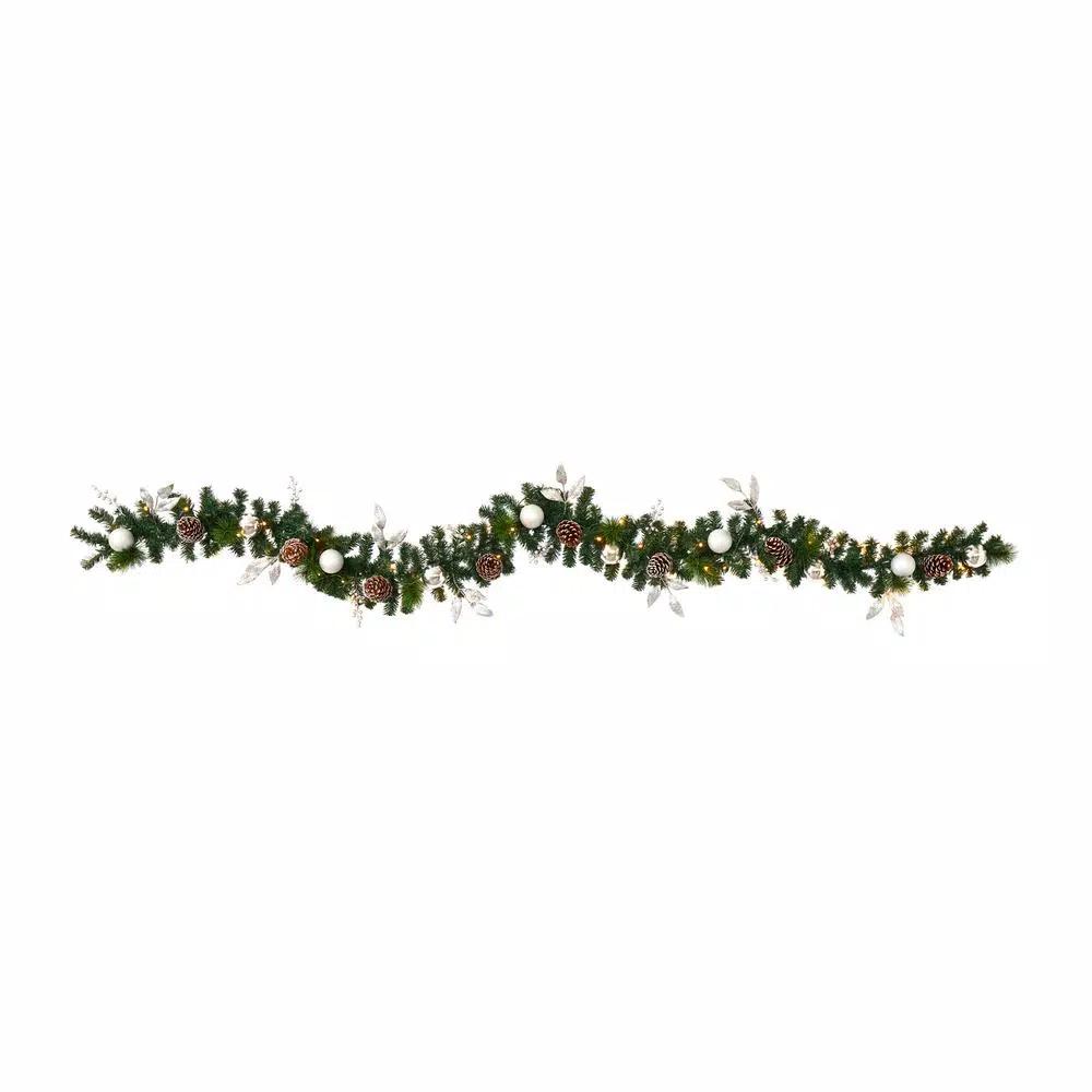 Nearly Natural 9 ft. Pre-lit Artificial Christmas Garland with Ornaments and Pinecones, 50 Clear LED Lights, Battery Operated