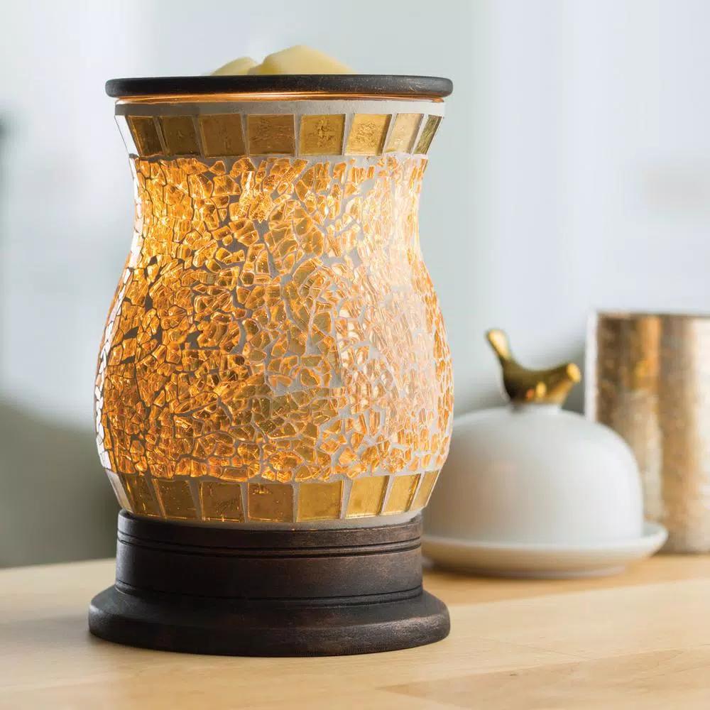 Candle Warmers Etc 8.8 in. Gilded Glass Illumination Fragrance Warmer with Gold Mosaic Design