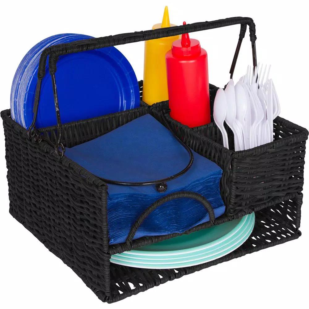 Trademark Innovations 12 in. Black Rattan Tabletop Condiment Organizer and Flatware Caddy