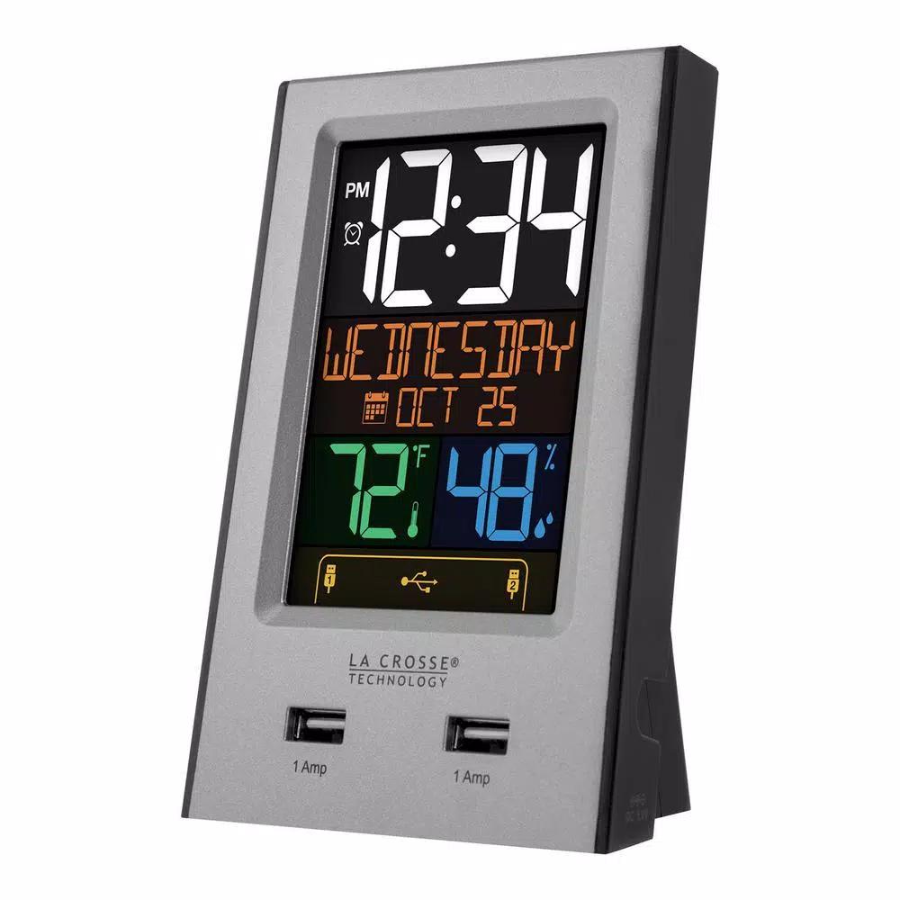 La Crosse Technology Digital Desktop Alarm Clock with Dual USB Charging Ports, Nap Timer, and Temperature/Humidity Display - Silver