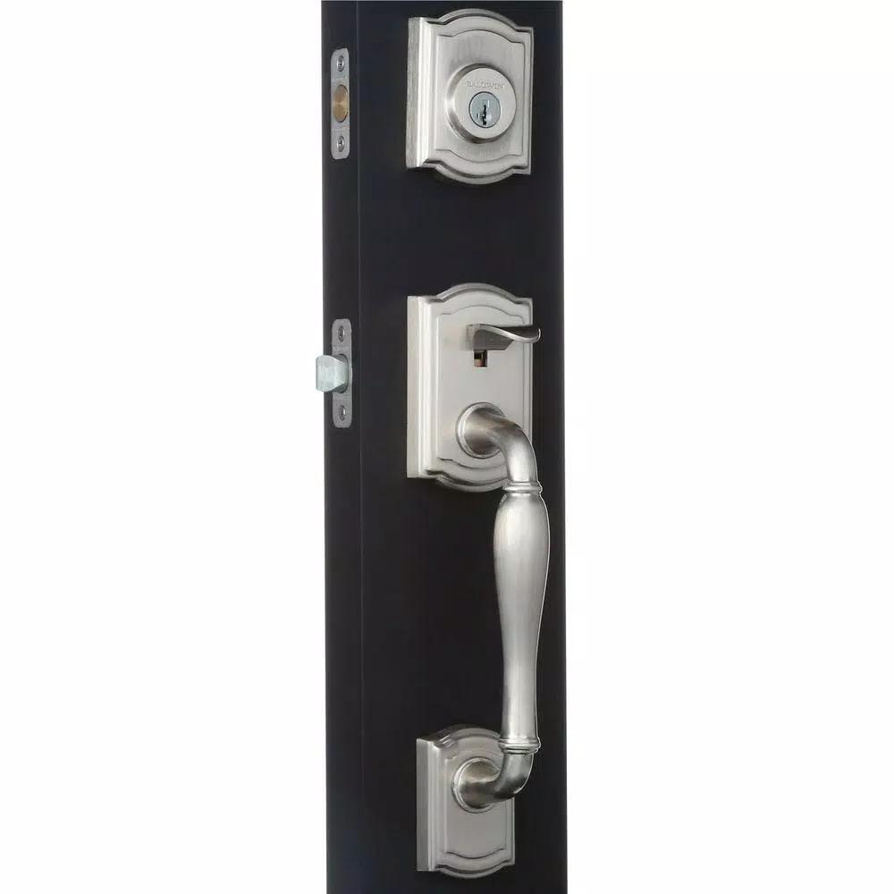 Baldwin Prestige Wesley Single Cylinder Satin Nickel Handleset with Arch Rose Carnaby Knob and SmartKey Security