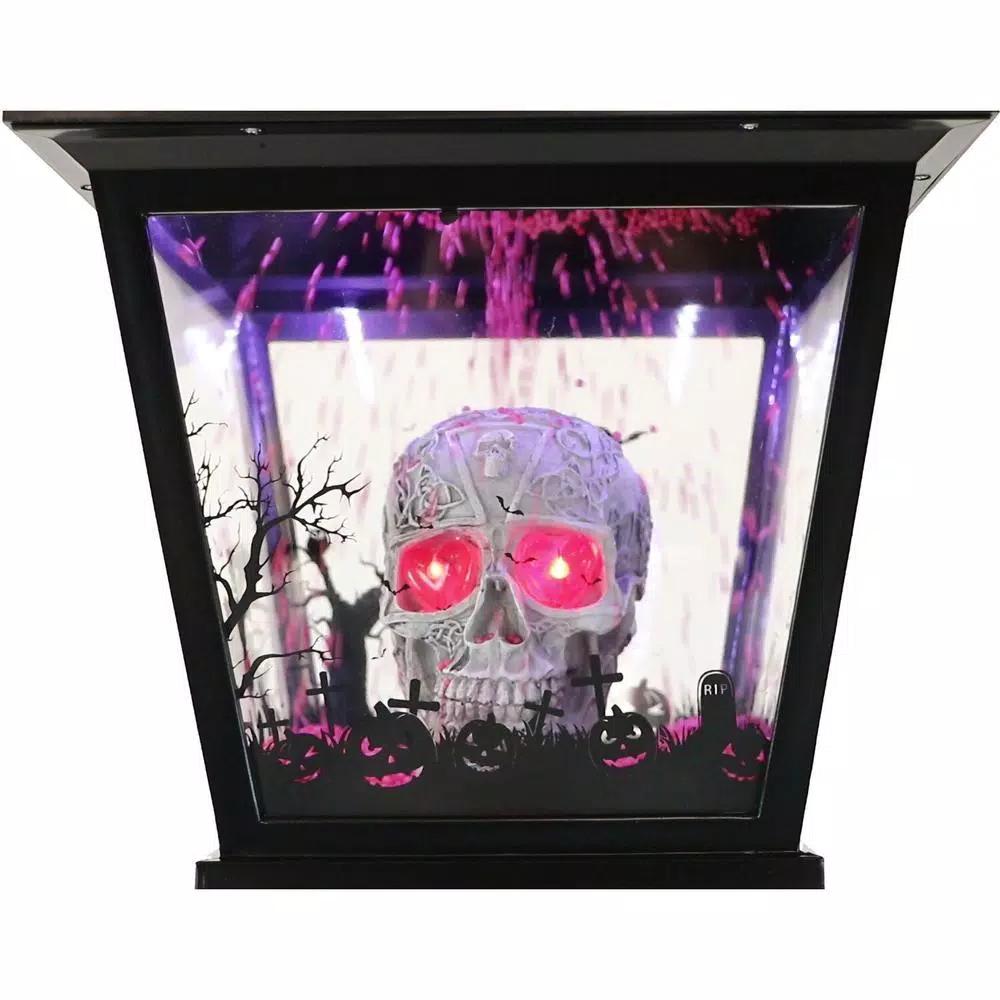 Haunted Hill Farm 71 in. Black Animated Skull Lamp Post with Spooky Music