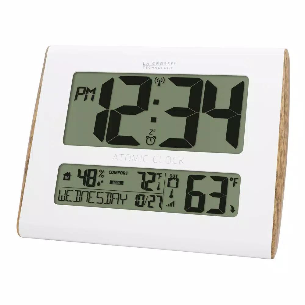 La Crosse Technology Digital Atomic Faux Wood Sided Wall Clock with Indoor/Outdoor Temperature and Humidity