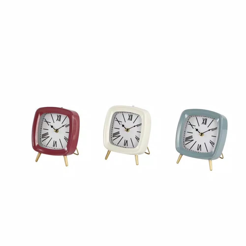 LITTON LANE Set of 3 Square Metal Table Clocks with Gold Feet and Retractable Stands - Mauve, White, and Blue