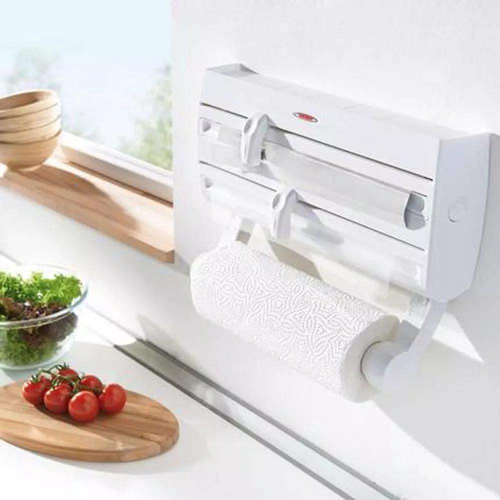 HOUSEHOLD ESSENTIALS Leifheit Wall Mount Paper Towel Holder with Spice Rack and Foil/Plastic Wrap Dispensers, White