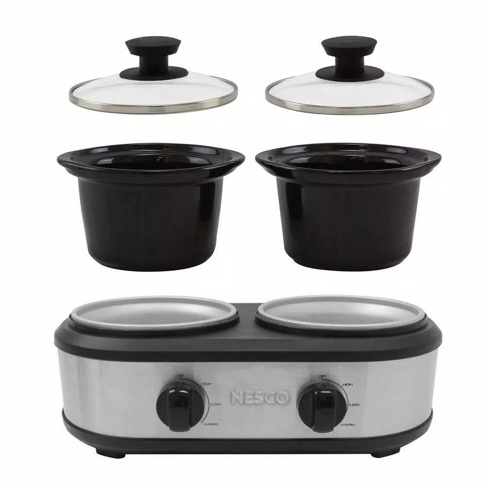 Nesco 2.5 Qt. Stainless Steel Dual Serving Station Slow Cooker with 2 Removable Ceramic Pots