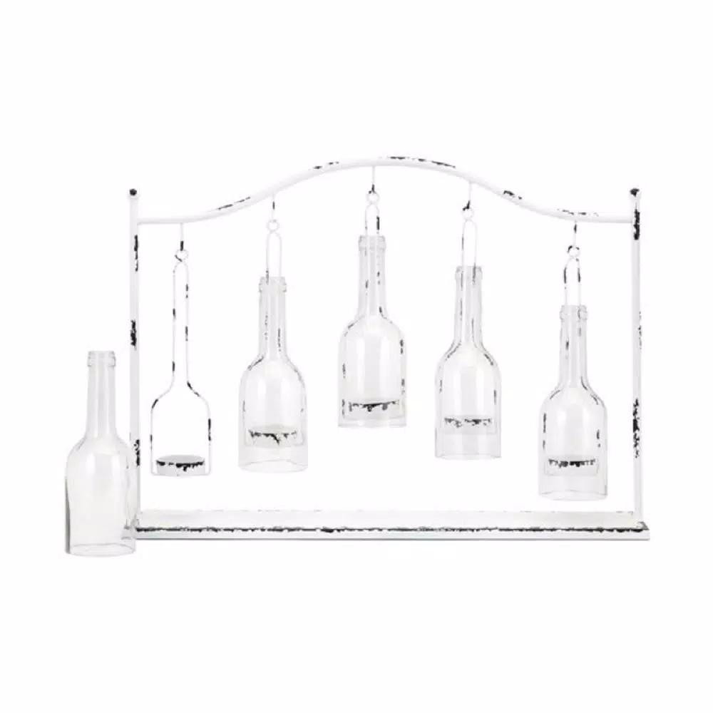 IMAX Persey 5-Votive Glass Bottle Hurricane Candle Holder, Distressed White Iron