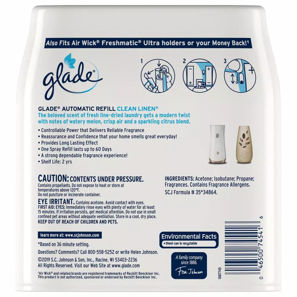 Glade Clean Linen Automatic Air Freshener Spray Refill, 6.2 oz (2-Pack)