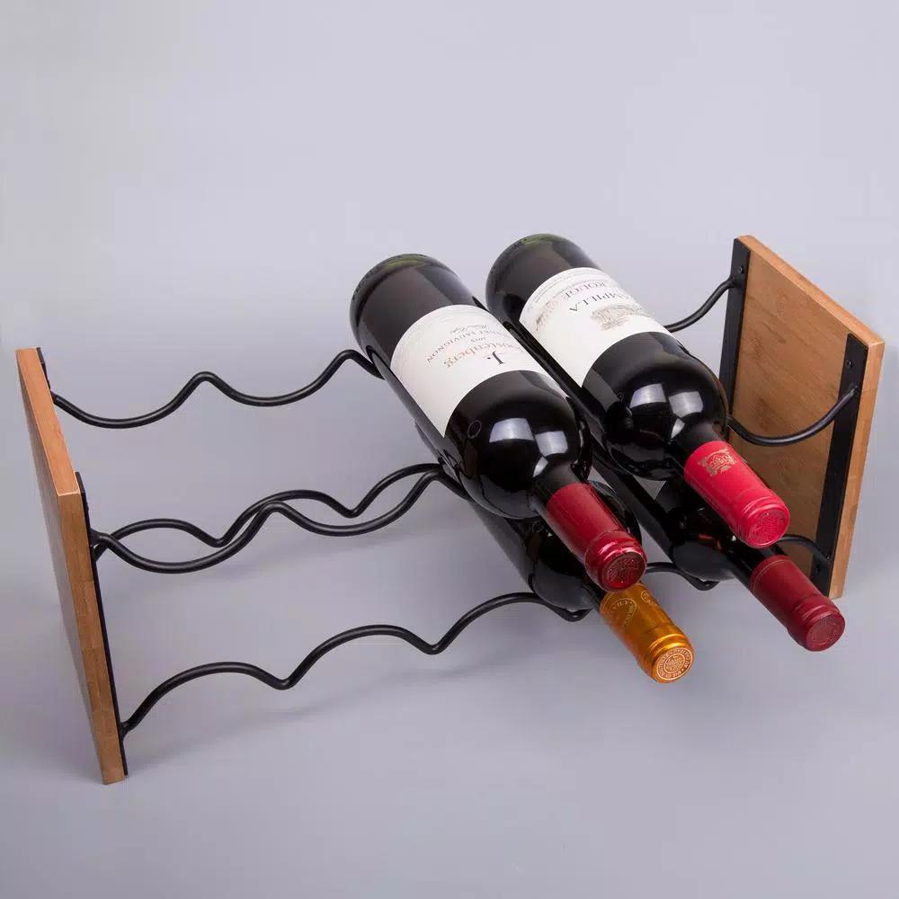 Creative Home Acacia Wood and Black Iron Wine Rack - 9 Bottle Capacity Tabletop Wine Holder
