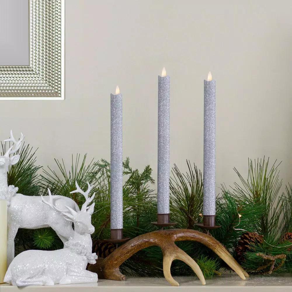 Northlight Set of 2 Silver Glittered Flameless Taper Christmas Candles, 12 in.