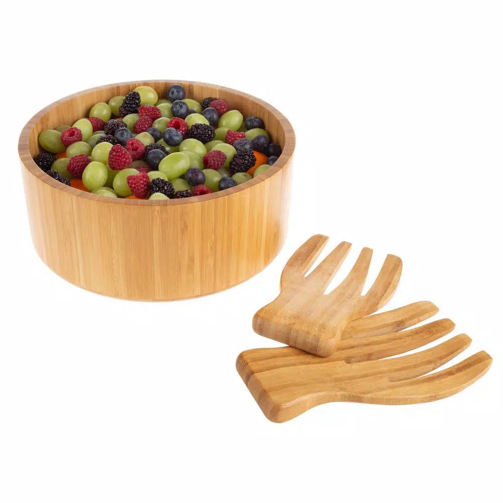 Classic Cuisine 10.25 in. Round Bamboo Salad Bowl Set with Two Utensils
