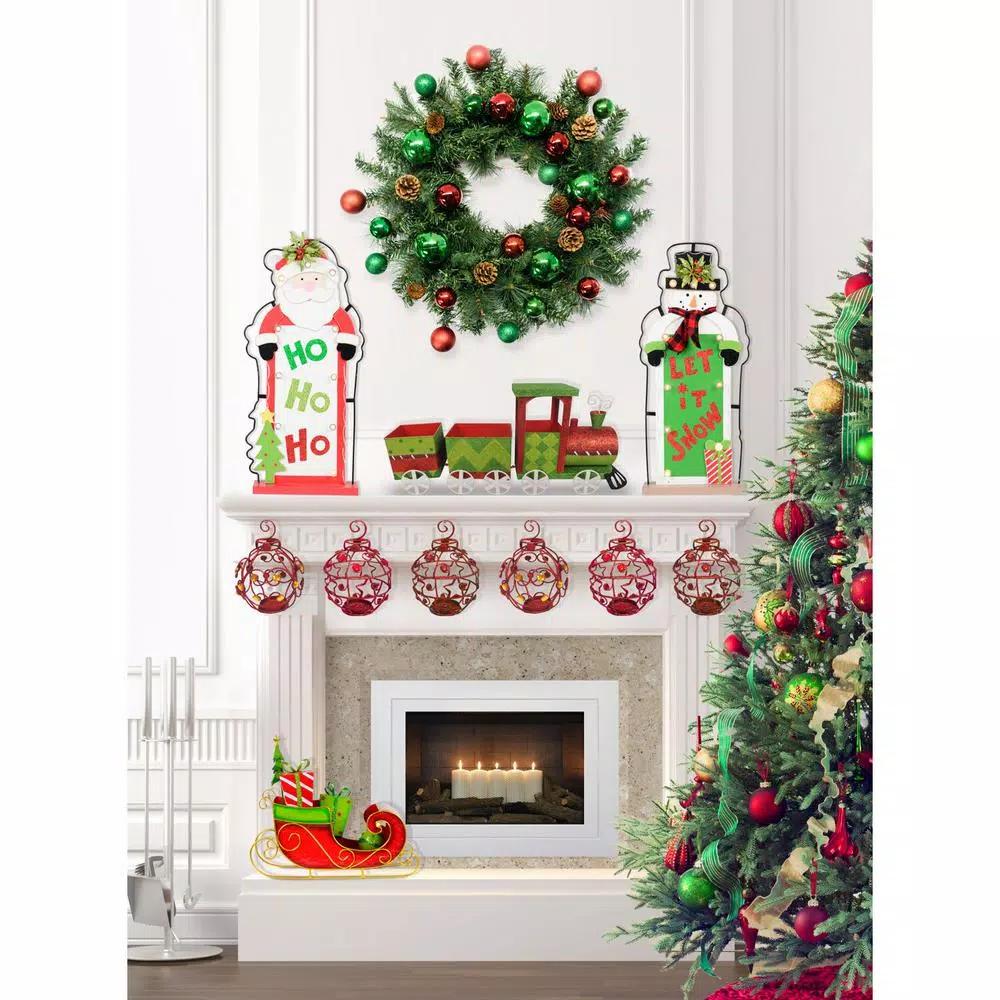 Fraser Hill Farm 24 in. Artificial Christmas Wreath Decor Set with Train, Sleigh, and LED Shelf Sitters