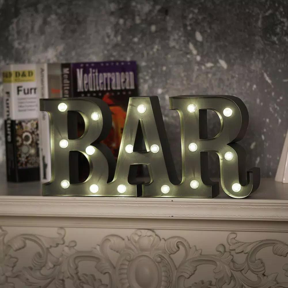 Winsome House Bar Marquee Lighted Sign with 17 LED Globe Bulbs - Gray Metal Wall Decor