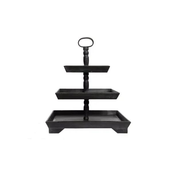 3R Studios Black Wood Three Tier Decorative Tray with Handles