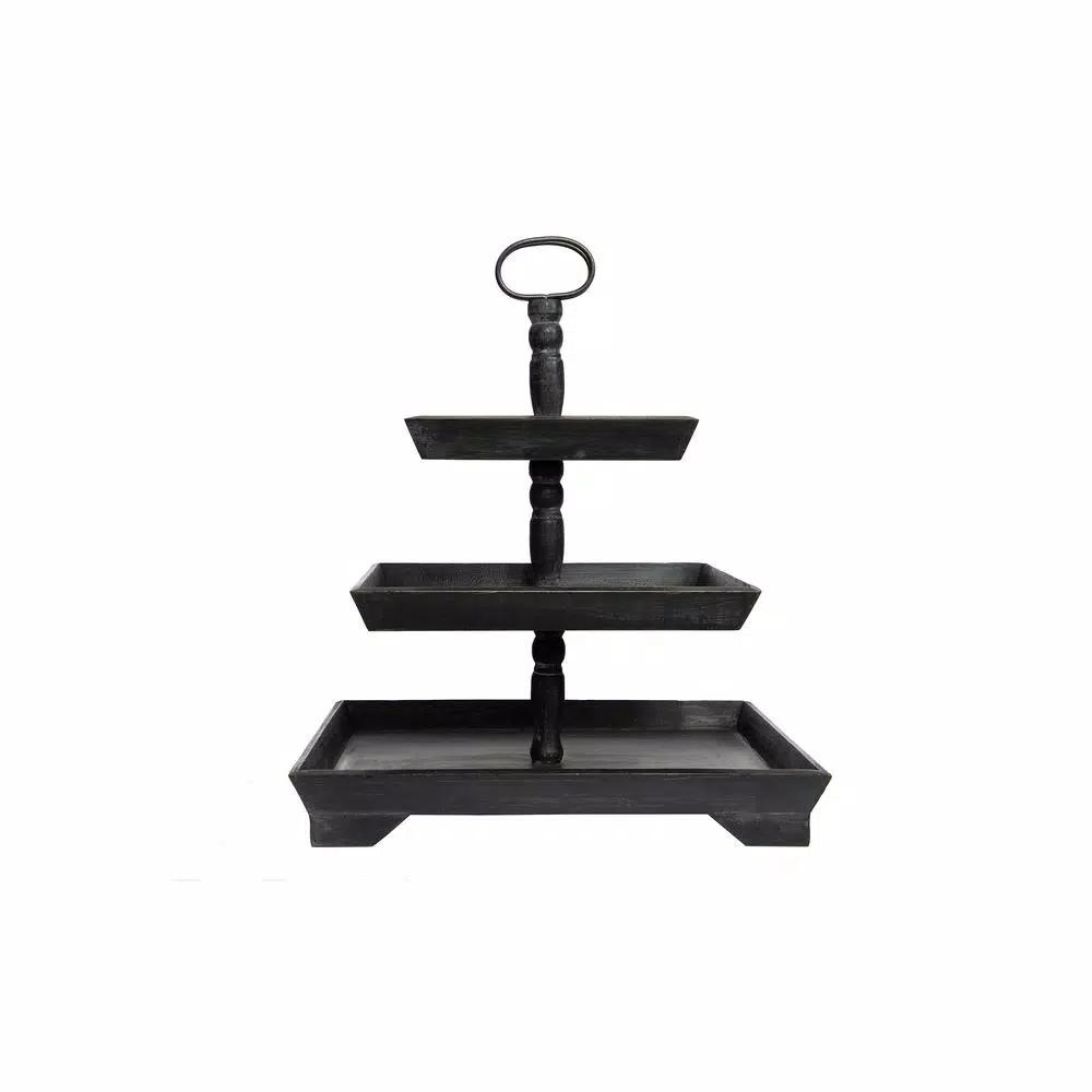 3R Studios Black Wood Three Tier Decorative Tray with Handles