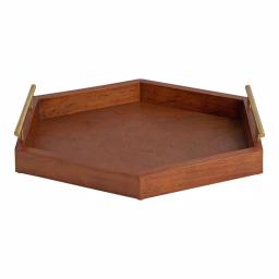 Kate and Laurel Lipton Walnut Brown Wood Hexagon Decorative Tray with Gold Handles thumbnail 2