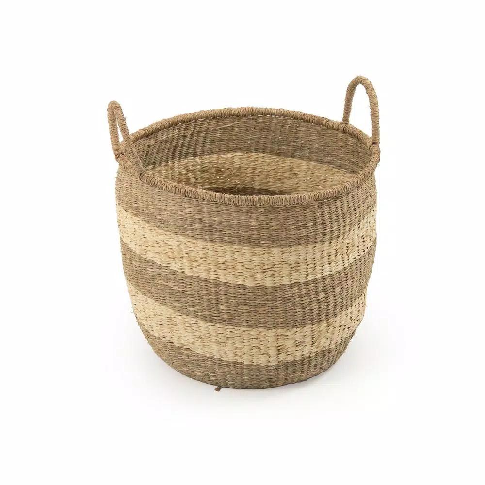 Zentique Large Hand Woven Seagrass and Palm Leaf Striped Basket with Handles