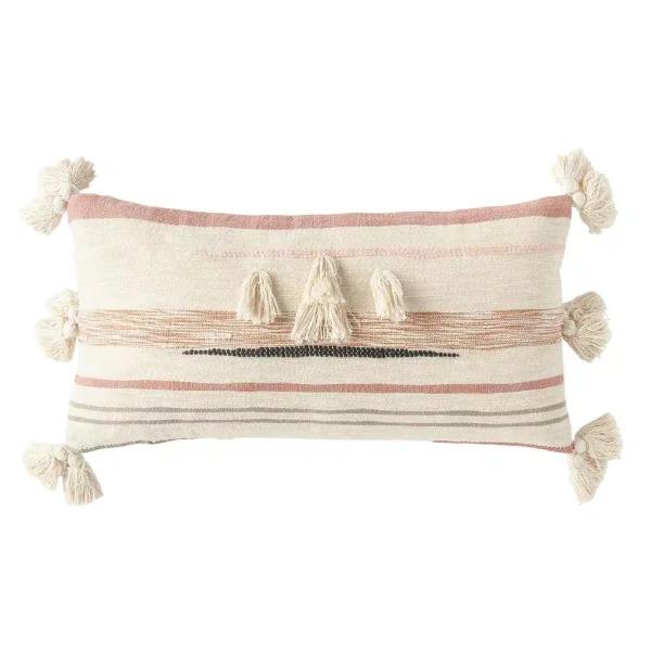 3R Studios Pink, Brown and Black Striped Kilim Throw Pillow with Tassels, 28 x 14 in.