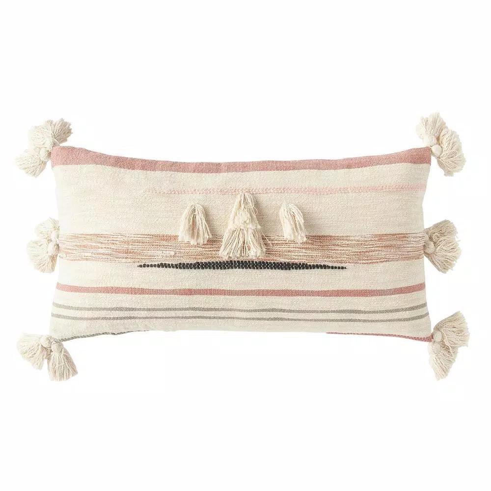 3R Studios Pink, Brown and Black Striped Kilim Throw Pillow with Tassels, 28 x 14 in.