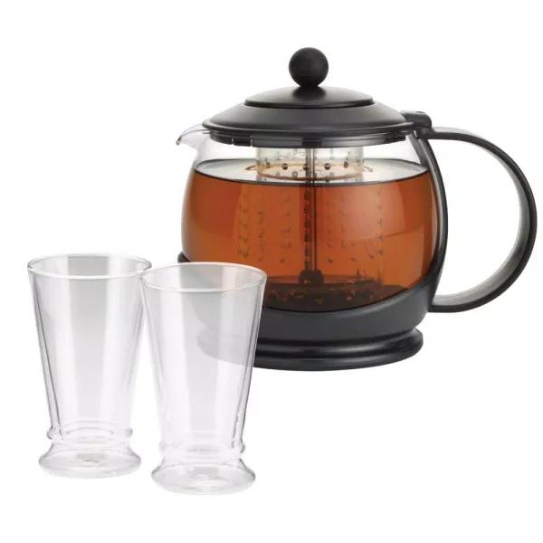 BonJour Prosperity Tea for Two Set - 42oz Glass Teapot and Two 12oz Insulated Mugs