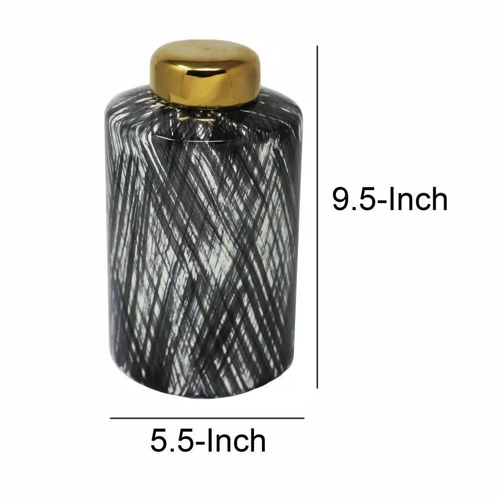 Benjara Black and White Ceramic Lidded Ginger Jar with Criss Cross Pattern and Gold Lid