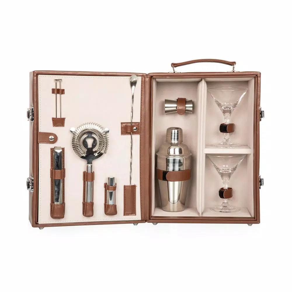 Picnic Time Manhattan Portable Cocktail Case - Mahogany Brown Leatherette Martini Set with Stainless Steel Accessories