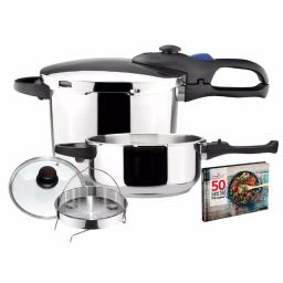 Magefesa Favorit Stainless Steel Pressure Cooker Set, 6.3 Qt. and 4.2 Qt. with Multi-Lid System thumbnail 1