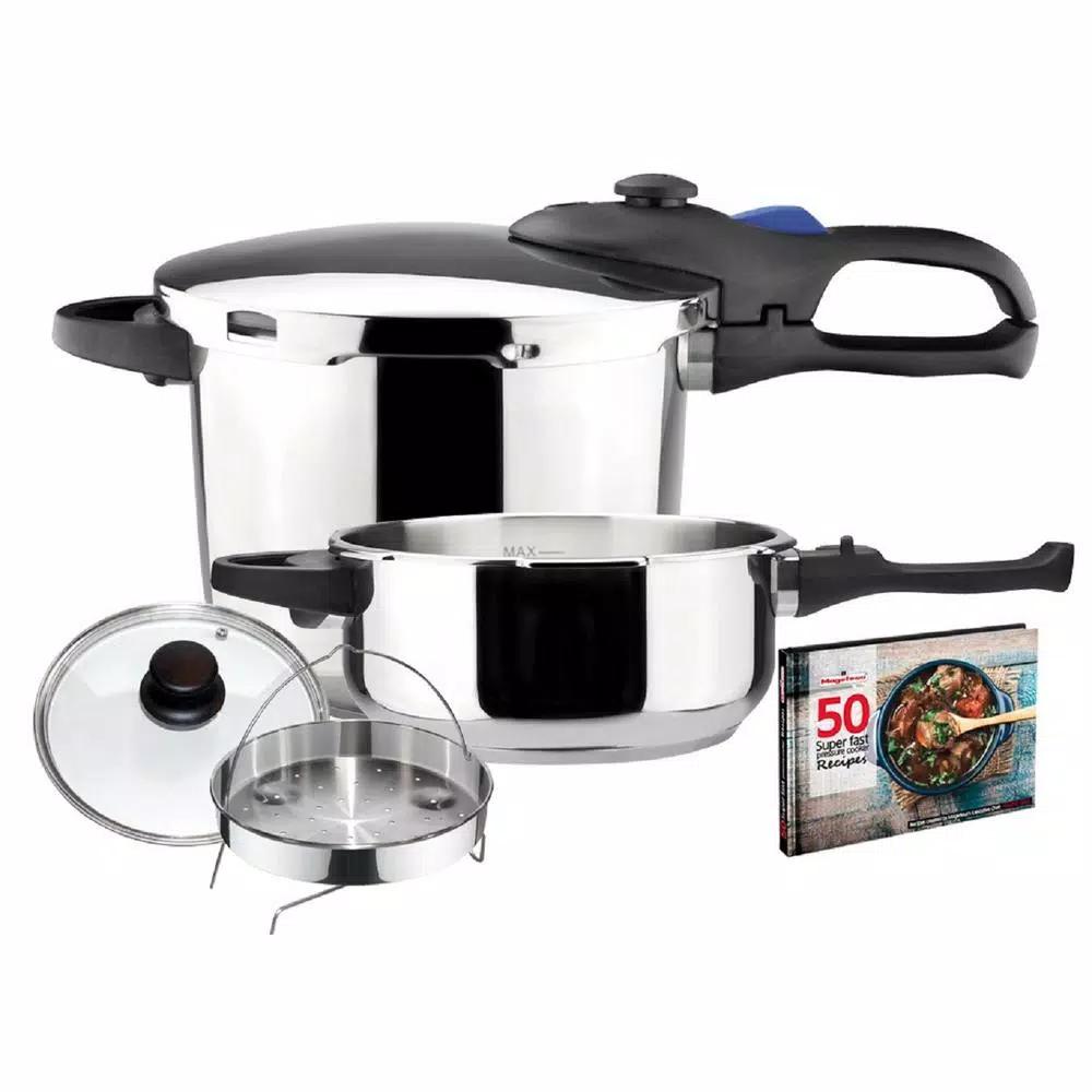 Magefesa Favorit Stainless Steel Pressure Cooker Set, 6.3 Qt. and 4.2 Qt. with Multi-Lid System