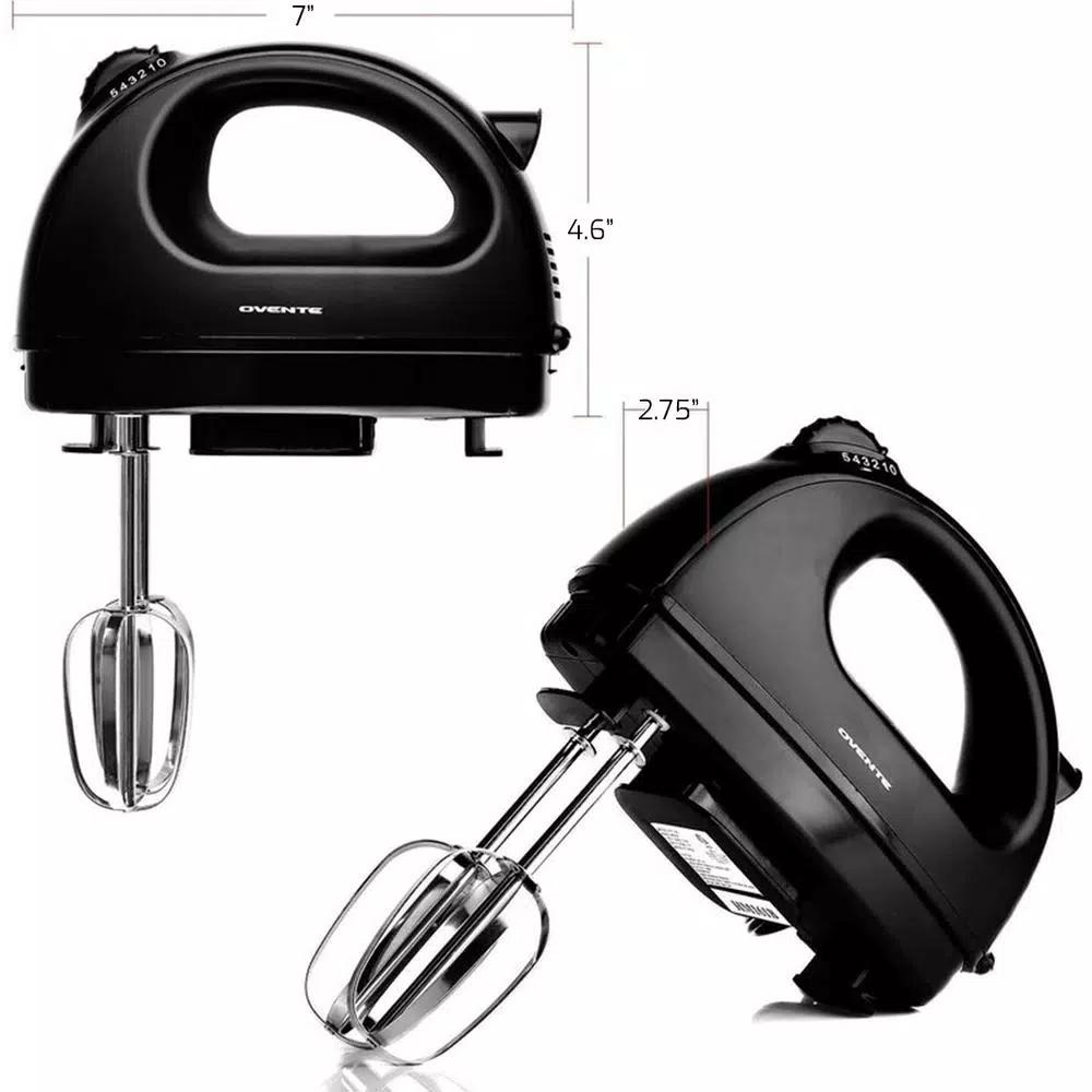 Ovente HM161 5-Speed Electric Hand Mixer, 150W, with Stainless Steel Chrome Beaters and Snap-On Storage Case, Black