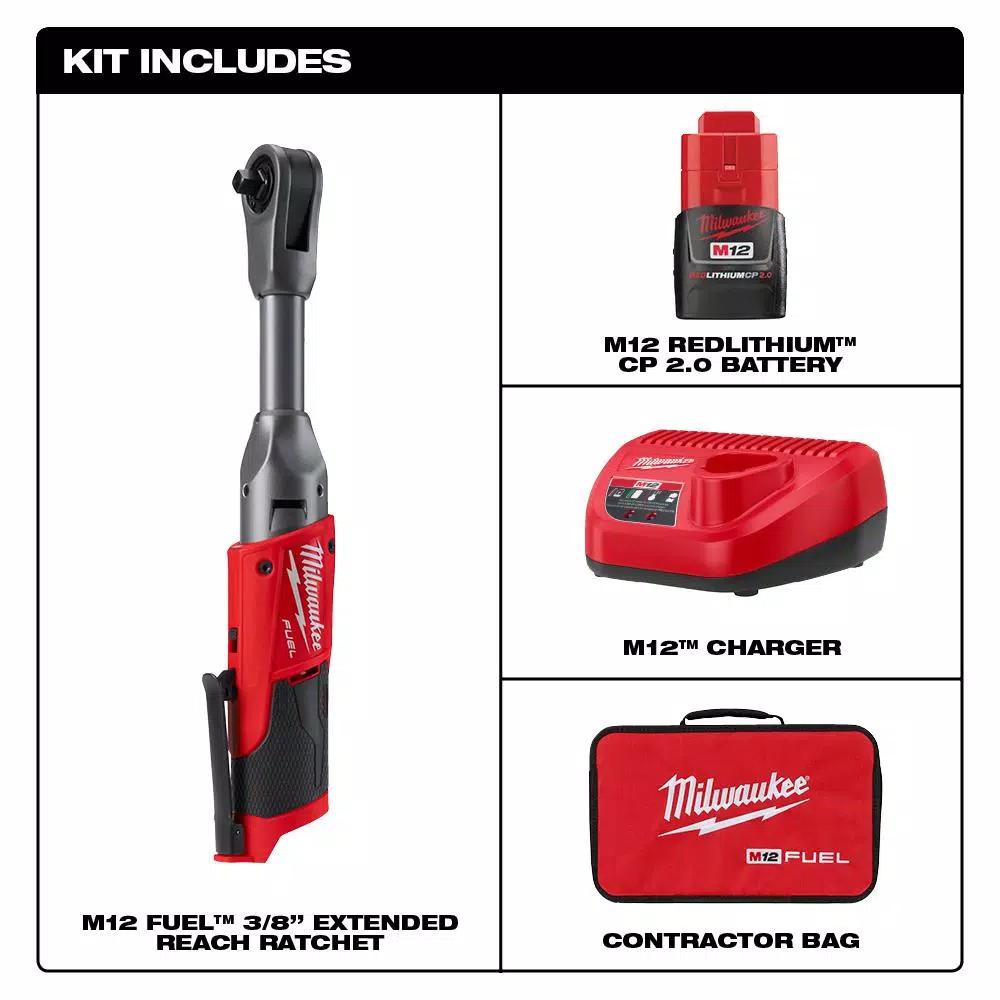 Milwaukee M12 FUEL 12V Cordless 3/8 in. Extended Reach Ratchet Kit with Metric Ratcheting Wrench Set